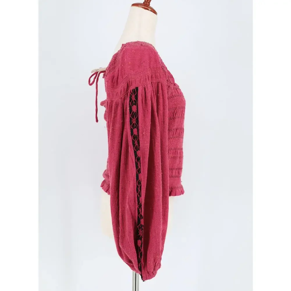 Free People Women Rose Embroidered Maggie Peasant Sleeve Bohemian Top Size M